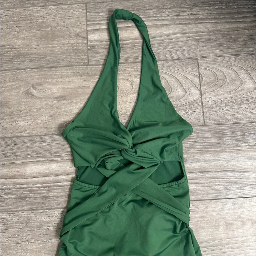 Elegant Green Halter Maxi Dress with front cut outs and wrap around tie - Picture 2 of 6